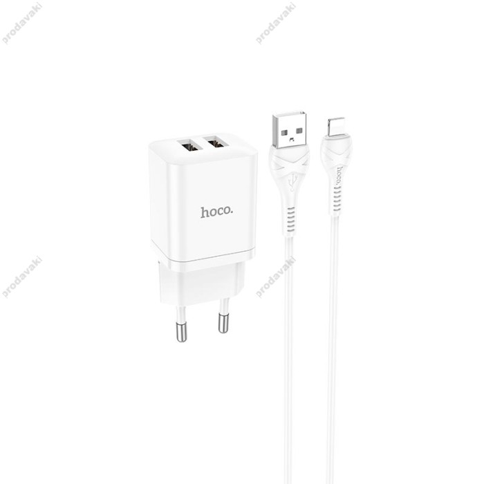 Мережевий зарядний пристрій Hoco N25 Maker dual port charger Lightning cable 10.5W White