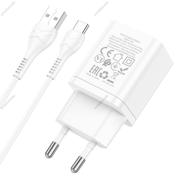 Мережевий зарядний пристрій Hoco N25 Maker dual port charger Type-C cable 10.5W White