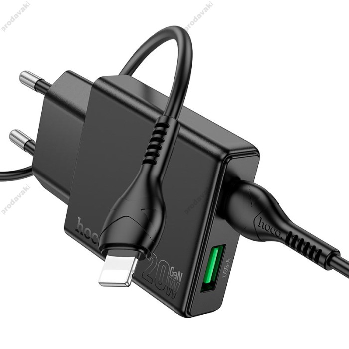 Мережевий зарядний пристрій HOCO N38 Delgado dual port charger Lightning cable 20W Black