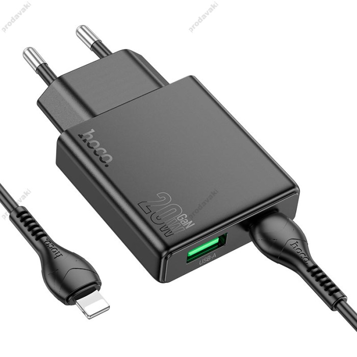 Мережевий зарядний пристрій HOCO N38 Delgado dual port charger Lightning cable 20W Black