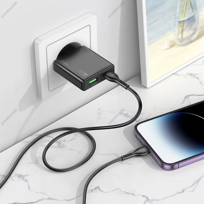 Мережевий зарядний пристрій HOCO N38 Delgado dual port charger Lightning cable 20W Black