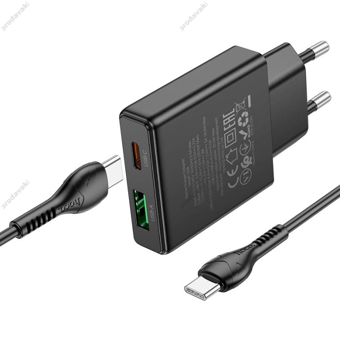 Мережевий зарядний пристрій HOCO N38 Delgado dual port charger Type-C cable 20W Black