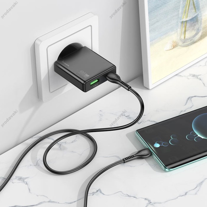 Мережевий зарядний пристрій HOCO N38 Delgado dual port charger Type-C cable 20W Black