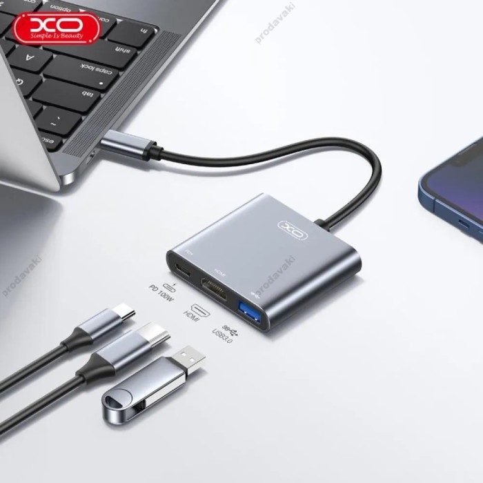 USB-Хаб HOCO HB50 Wow multi-function converter 5в1 HDMI+PD+3xUSB 3.0 Gtey
