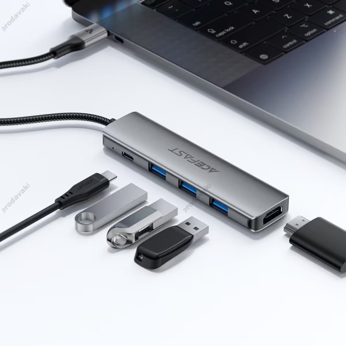 USB-Хаб ACEFAST J16 docking station Multifunction Adapter 5в1 Type-C to HDMI+3xUSB 3.0+PD Grey