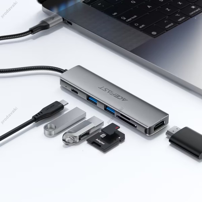 USB-Хаб ACEFAST J18 docking station Multifunction Adapter 6в1 Type-C to HDMI+2xUSB 3.0+SD+TF+USB-C Grey