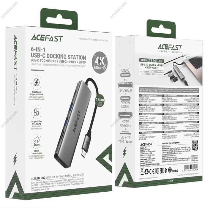 USB-Хаб ACEFAST J18 docking station Multifunction Adapter 6в1 Type-C to HDMI+2xUSB 3.0+SD+TF+USB-C Grey