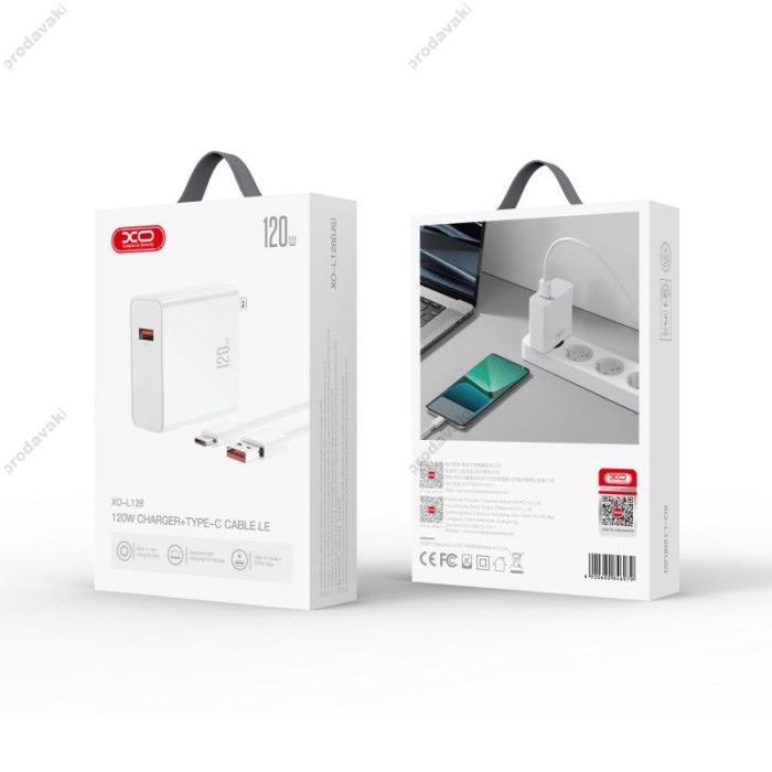 Мережевий зарядний пристрій XO L128 fast charging charger Type-C cable 120W White
