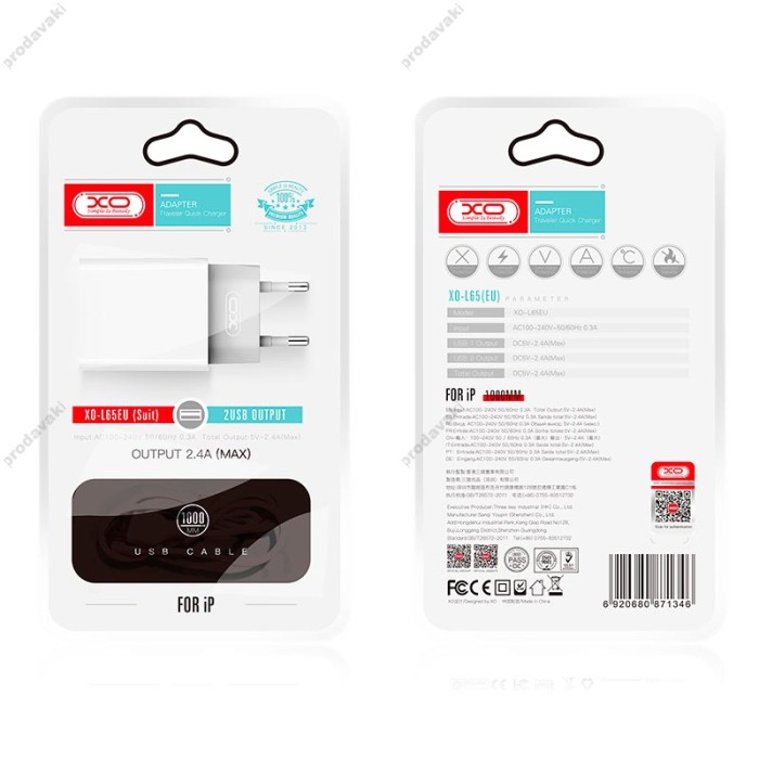 Мережевий зарядний пристрій XO L65 Dual Charger Lightning cable 12W White