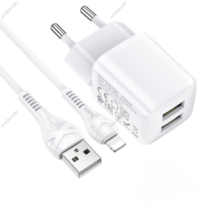 Мережевий зарядний пристрій HOCO N8 Briar dual port charger Lightning cable 12W White