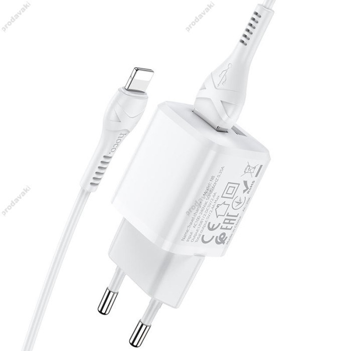 Мережевий зарядний пристрій HOCO N8 Briar dual port charger Lightning cable 12W White