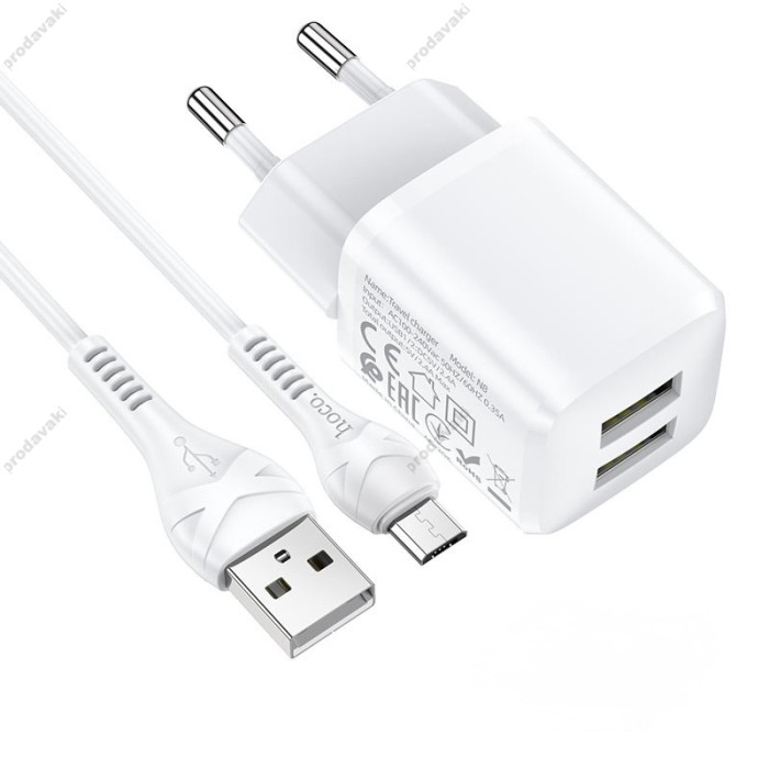 Мережевий зарядний пристрій HOCO N8 Briar dual port charger Micro USB cable 12W White