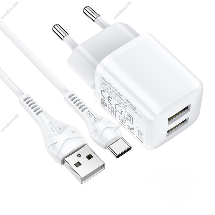 Мережевий зарядний пристрій HOCO N8 Briar dual port charger Type-C cable 12W White