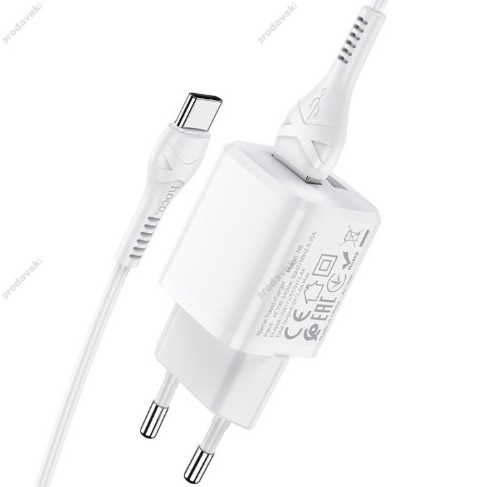 Мережевий зарядний пристрій HOCO N8 Briar dual port charger Type-C cable 12W White