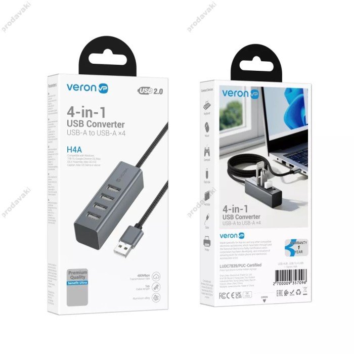 USB-Хаб Veron H4A converter USB to 4xUSB 2.0 Grey
