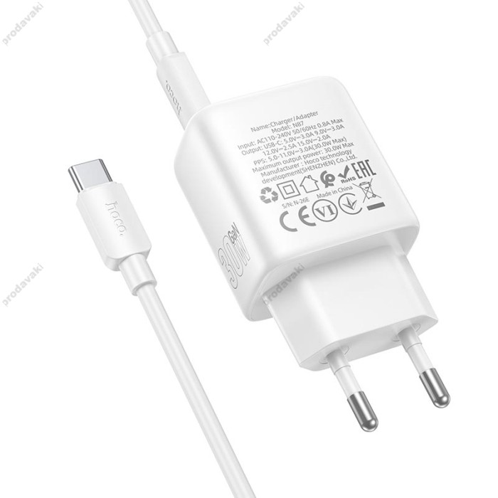 Мережевий зарядний пристрій HOCO N86 Seguro single port Type-C cable 20W White