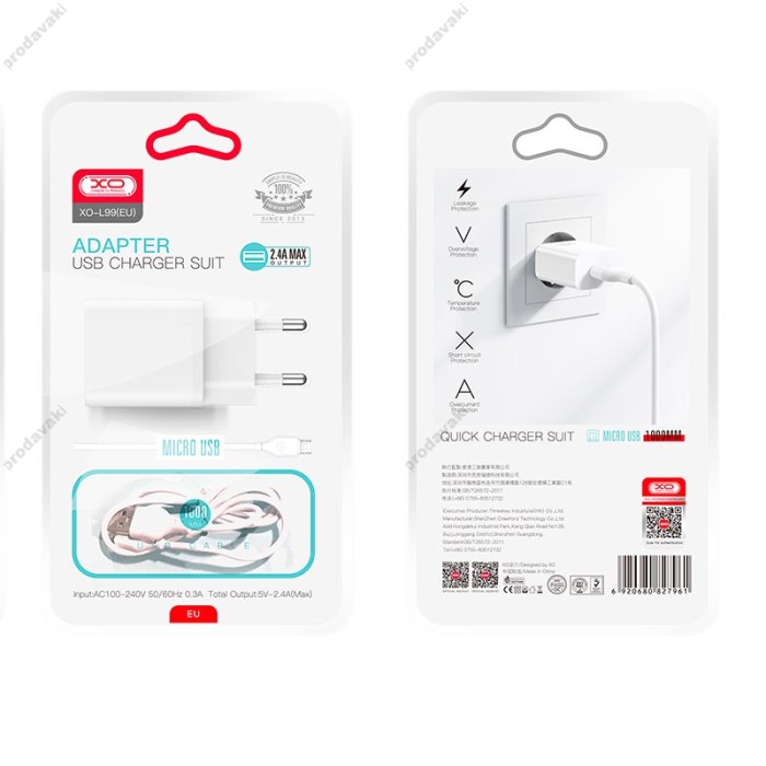 Мережевий зарядний пристрій XO L99 Home charger Micro cable 12W White