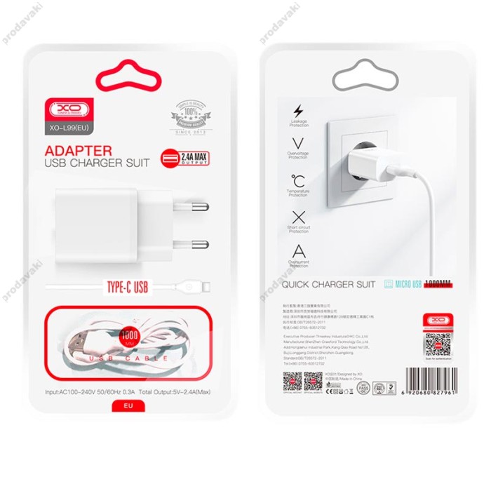 Мережевий зарядний пристрій XO L99 Home charger Type-C cable 12W White