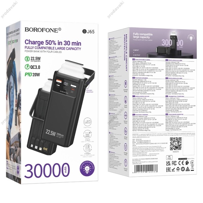 Повербанк портативний акумулятор Power bank Borofone BJ65 High four-cables 22.5W+PD20W 30000 mAh Black