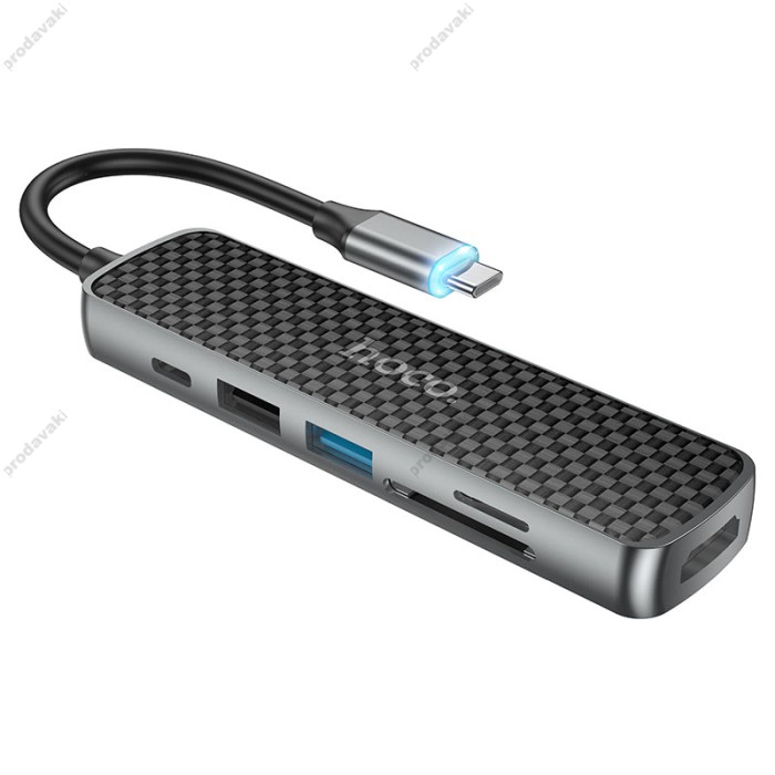 USB-Хаб HOCO HB24 Easy display multifunction 6в1 Type-C to HDMI+USB 3.0+USB 2.0+SD+TF+PD Metal grey