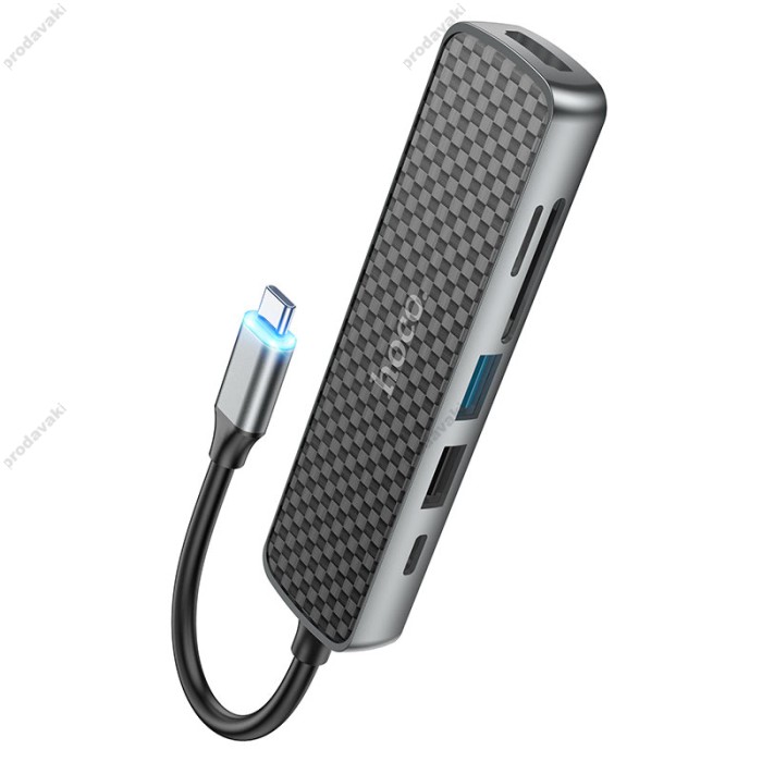 USB-Хаб HOCO HB24 Easy display multifunction 6в1 Type-C to HDMI+USB 3.0+USB 2.0+SD+TF+PD Metal grey