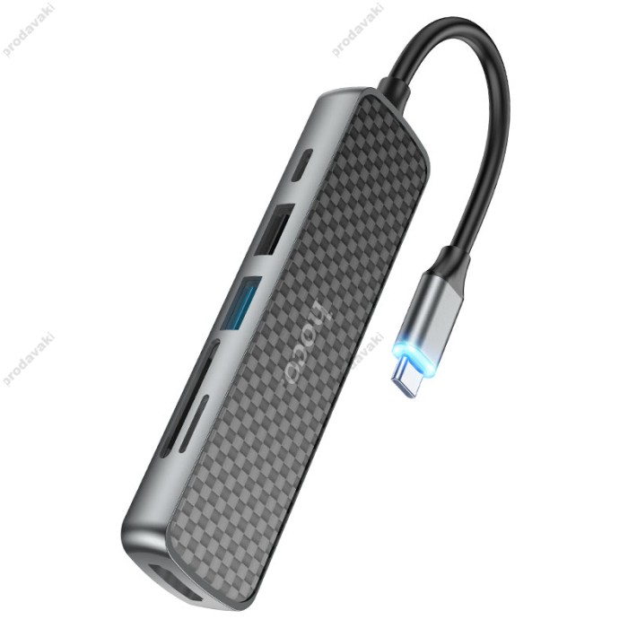 USB-Хаб HOCO HB24 Easy display multifunction 6в1 Type-C to HDMI+USB 3.0+USB 2.0+SD+TF+PD Metal grey