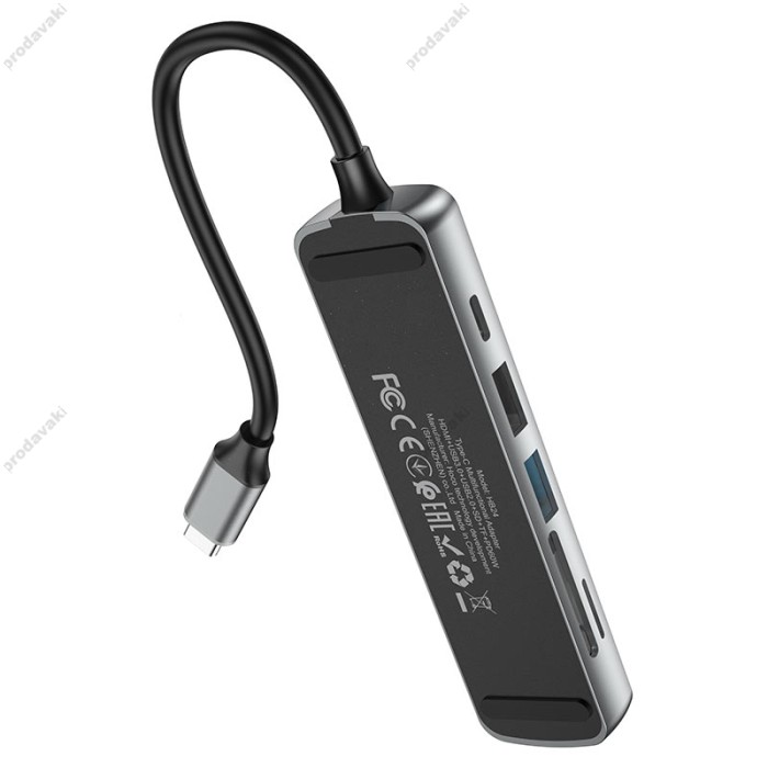 USB-Хаб HOCO HB24 Easy display multifunction 6в1 Type-C to HDMI+USB 3.0+USB 2.0+SD+TF+PD Metal grey