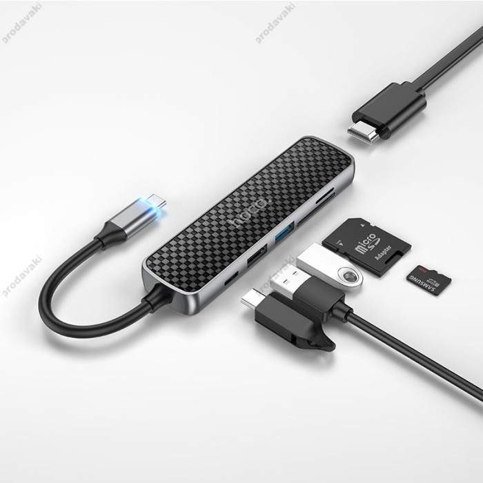 USB-Хаб HOCO HB24 Easy display multifunction 6в1 Type-C to HDMI+USB 3.0+USB 2.0+SD+TF+PD Metal grey