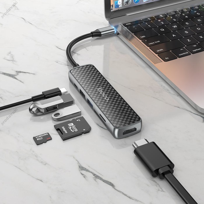 USB-Хаб HOCO HB24 Easy display multifunction 6в1 Type-C to HDMI+USB 3.0+USB 2.0+SD+TF+PD Metal grey