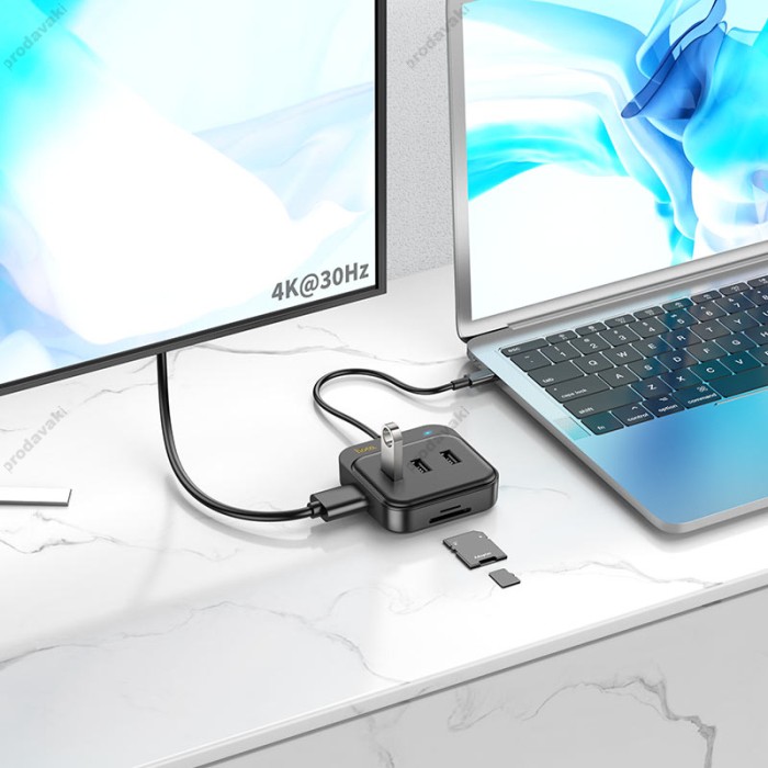 USB-Хаб HOCO HB38 Easy link Multiport Adapter 7в1 Type-C to HDMI+USB 3.0+2xUSB 2.0+SD+TF+PD Black