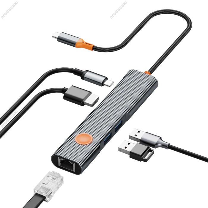 USB-Хаб WiWU Wi-HB005 Cyber Hub 5в1 Type-C to HDMI+2xUSB 3.1+RJ45+PD Grey