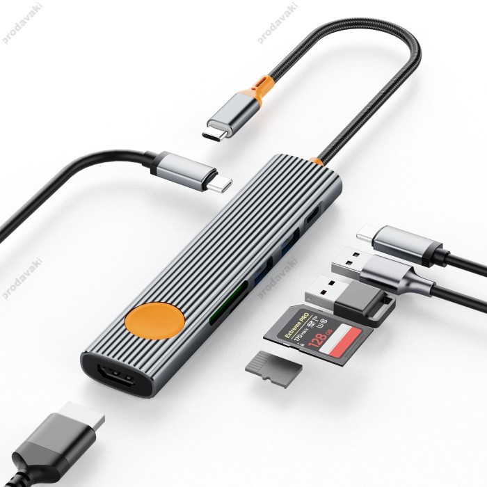 USB-Хаб WiWU Wi-HB007 Traveling Hub 7в1 Type-C to HDMI+2xUSB 3.0+SD+TF+USB-C+PD Grey