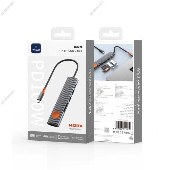 USB-Хаб WiWU Wi-HB007 Traveling Hub 7в1 Type-C to HDMI+2xUSB 3.0+SD+TF+USB-C+PD Grey