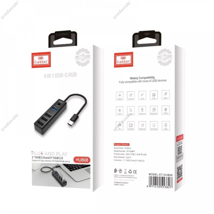 USB-Хаб Earldom ET-HUB08 Multifunction Adapter 4в1 Type-C to USB3.0+3xUSB 2.0 Black