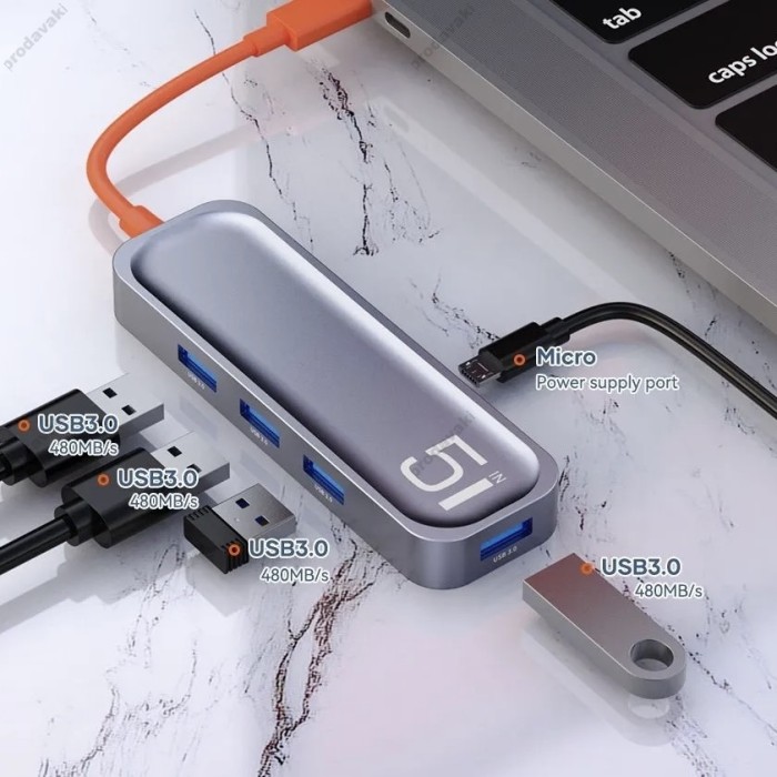 USB-Хаб Rock TR15 Multifunction Adapter 5в1 Type-C to 4xUSB 3.0+Micro usb Grey