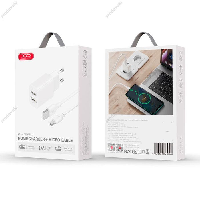 Мережевий зарядний пристрій XO L109 Dual Charger Micro cable 12W White