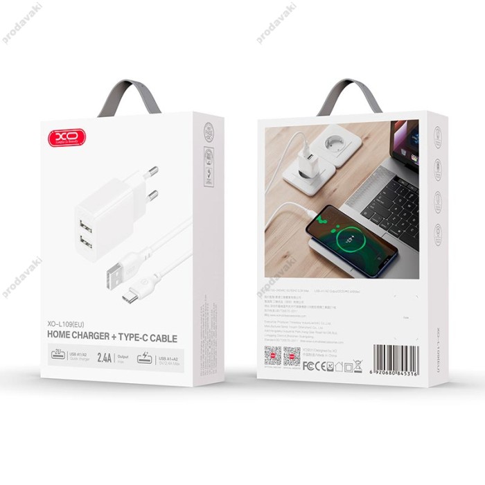 Мережевий зарядний пристрій XO L109 Dual Charger Type-C cable 12W White