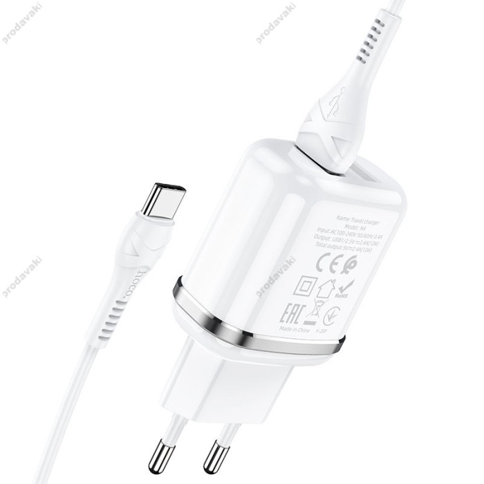 Мережевий зарядний пристрій HOCO N4 Aspiring dual port charger Type-C cable 12W White