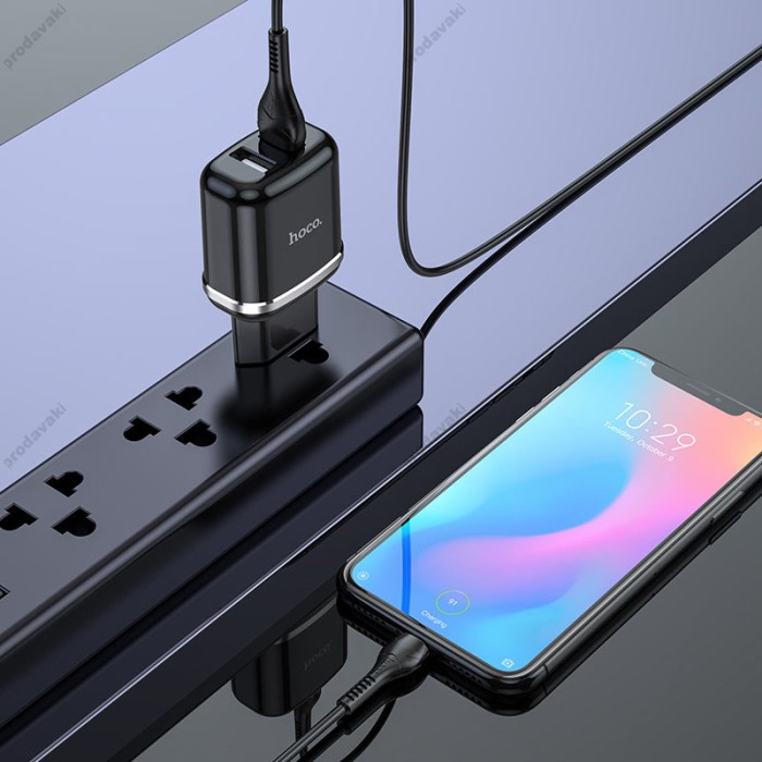 Мережевий зарядний пристрій HOCO N4 Aspiring dual port charger Type-C cable 12W Black