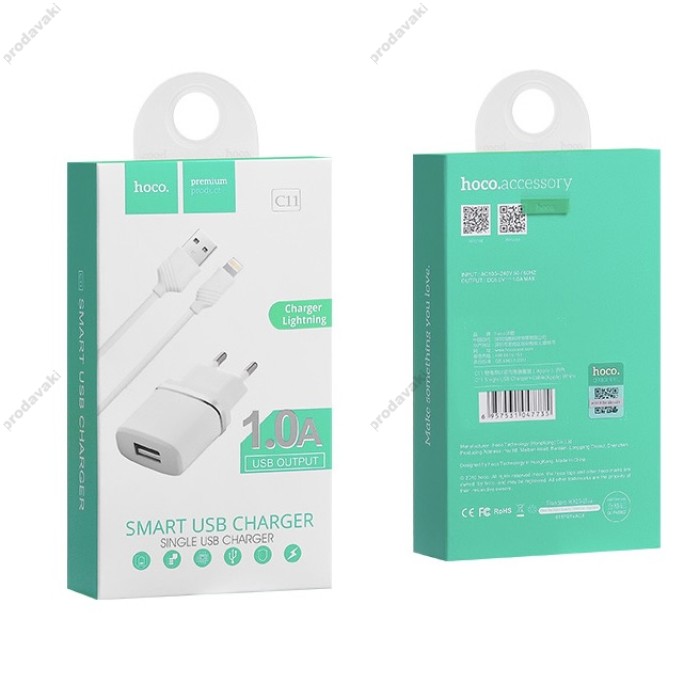 Мережевий зарядний пристрій Hoco C11 Lightning cable 5W White