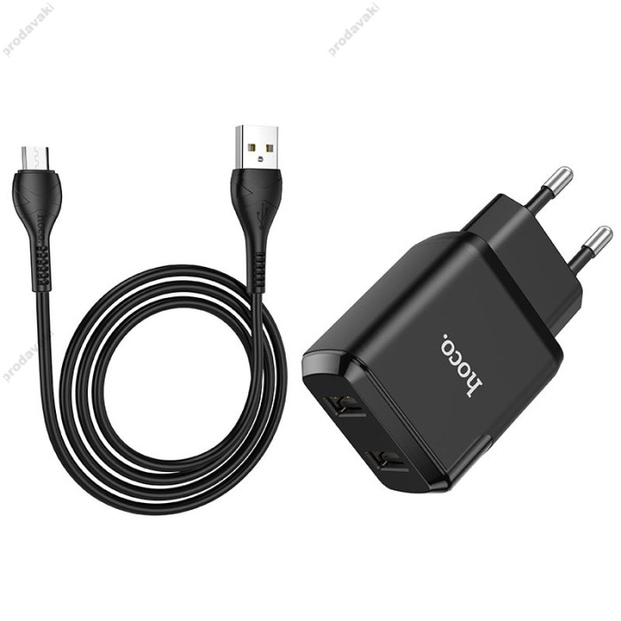 Мережевий зарядний пристрій HOCO N7 Speedy dual port charger Micro cable 10.5W Black
