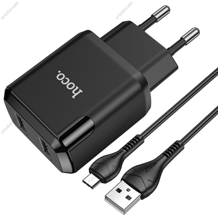 Мережевий зарядний пристрій HOCO N7 Speedy dual port charger Micro cable 10.5W Black