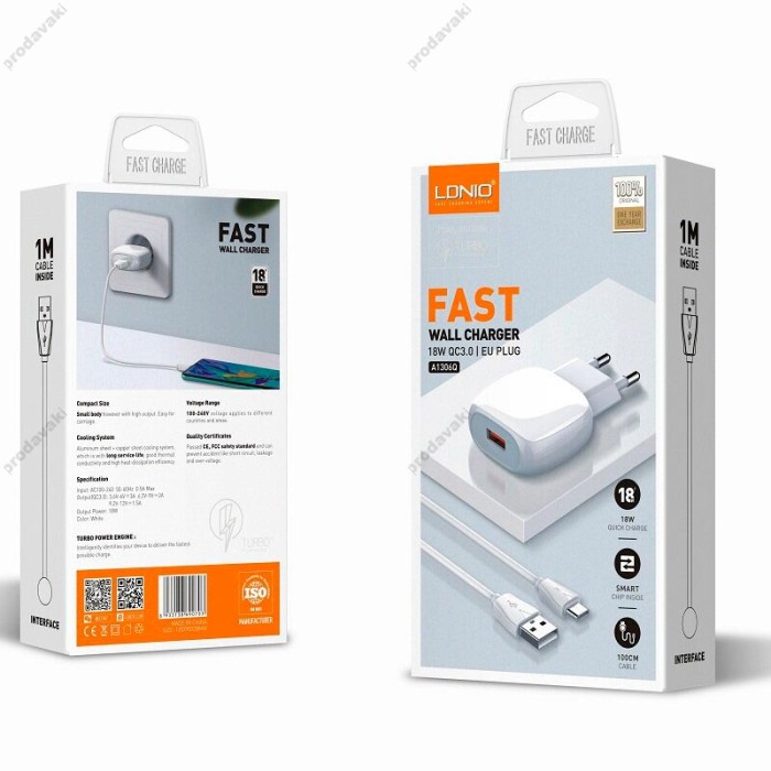 Мережевий зарядний пристрій LDNIO A1306Q Type-C cable 18W White