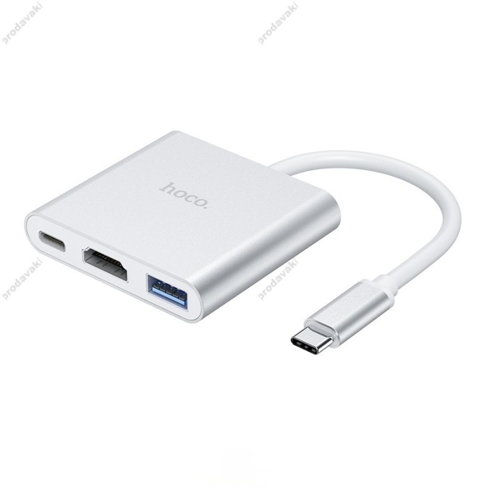 USB-Хаб Hoco HB14 Easy Use adapter 3в1 Type-C to HDMI+USB 3.0+PD Silver