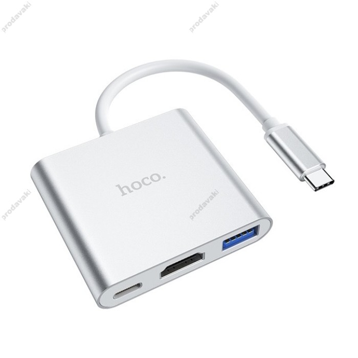 USB-Хаб Hoco HB14 Easy Use adapter 3в1 Type-C to HDMI+USB 3.0+PD Silver