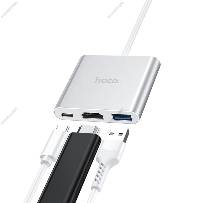 USB-Хаб Hoco HB14 Easy Use adapter 3в1 Type-C to HDMI+USB 3.0+PD Silver