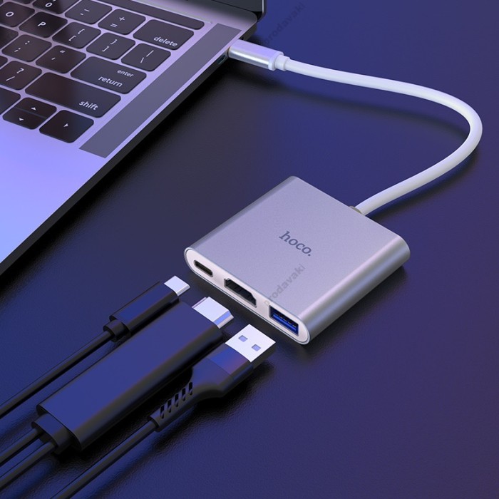 USB-Хаб Hoco HB14 Easy Use adapter 3в1 Type-C to HDMI+USB 3.0+PD Silver