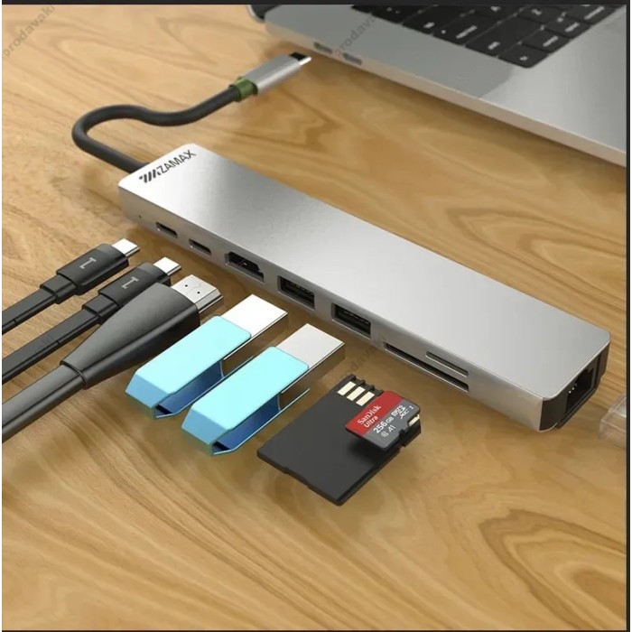 USB-Хаб ZAMAX Multifunction Adapter 8в1 Type-C to HDMI+PD+2xUSB 3.0+USB C+SD+TF+RJ45 Space Grey
