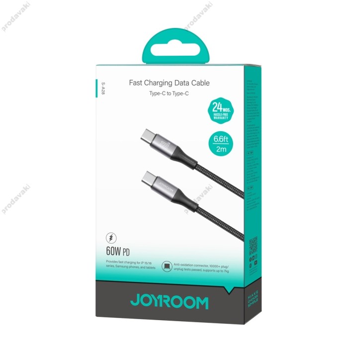 Кабель JoyRoom S-A28 Flash Fast Cable Type-C to Type-C 60W 3A 2m Black