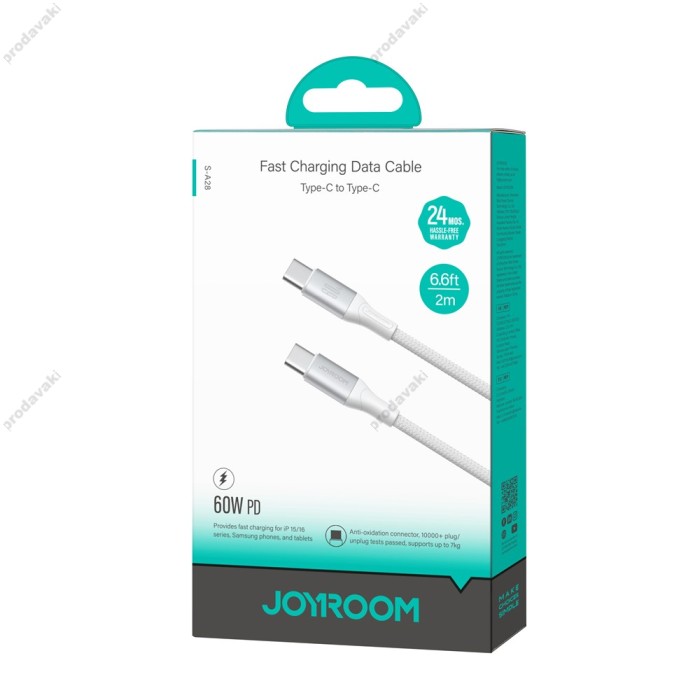 Кабель JoyRoom S-A28 Flash Fast Cable Type-C to Type-C 60W 3A 2m White